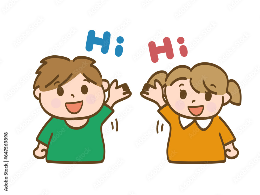 手を上げて返事をする子どもたち_小学生の男の子と女の子