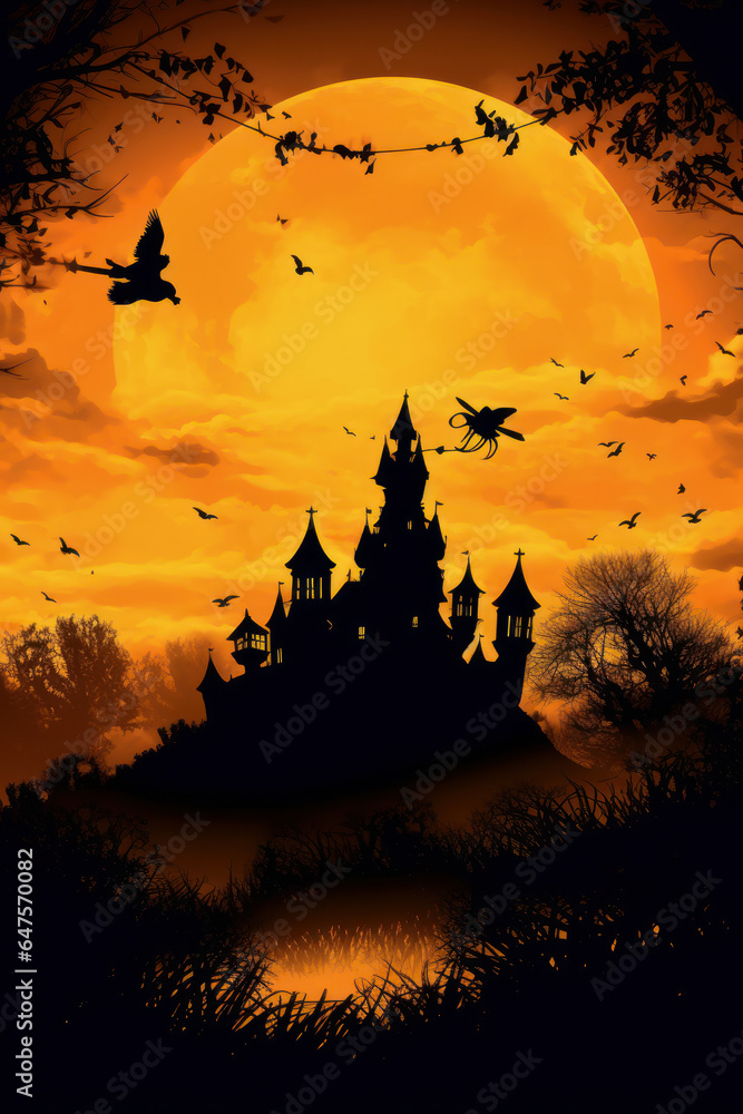 Backlight of a horror castle at sunset. Happy Halloween. Generative AI.