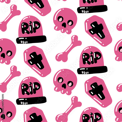 Seamless pattern of skull, coffin, bones, tombstone in pink colors on a white background. Vector festive illustration in cartoon style for children on Halloween. Texture for parties, packages