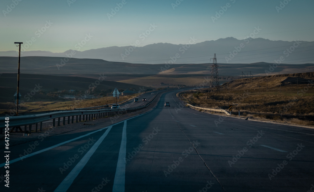road in the morning, road with Mountain, Kazakhstan road and nature. High quality photo