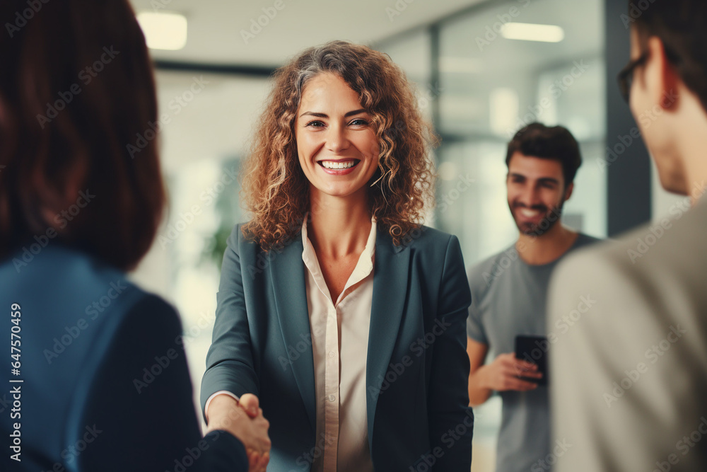 Happy mid aged business woman manager handshaking at office meeting  - obrazy, fototapety, plakaty 