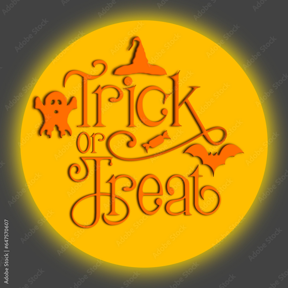 Orange trick or treat lettering on yellow and black background.
