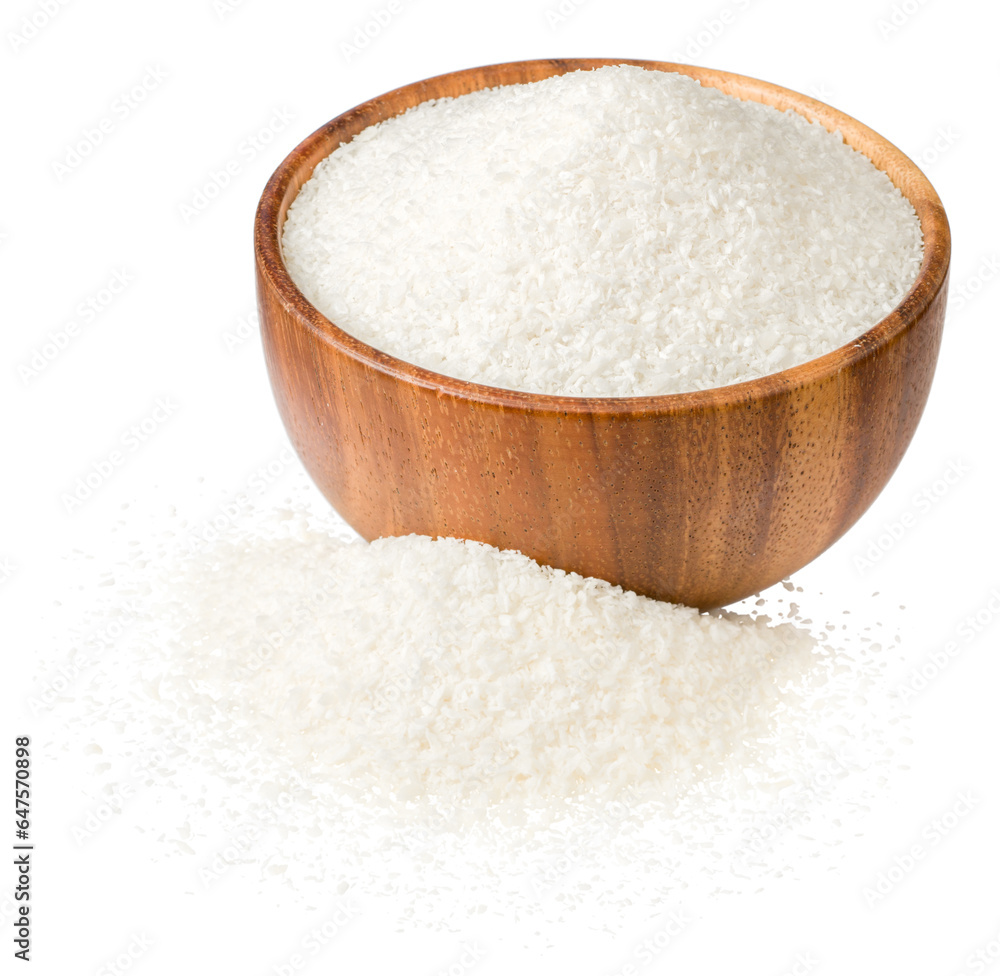 Shredded coconut in the wooden bowl, isolated on white background. Shredded coconut in the wooden bowl, isolated on white background.