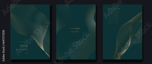 Luxury invitation card background vector. Golden curve elegant, gold line gradient on green color background. Premium design illustration for gala card, grand opening, party invitation, wedding.