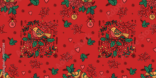 Christmas folk Seamless Pattern. Folk Art Birds on branches holly with Christmas balls on red background. Vector horizontal illustration. Xmas repetitive design .
