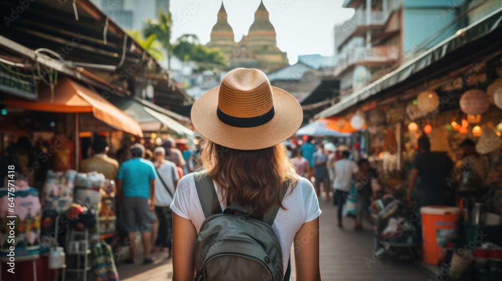 Behind-the-scenes shot of a young Asian backpacker wearing a hat at the Khao San Road outdoor market in Bangkok.