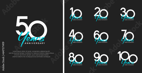 set of anniversary logo flat white color number and blue text on black background for celebration