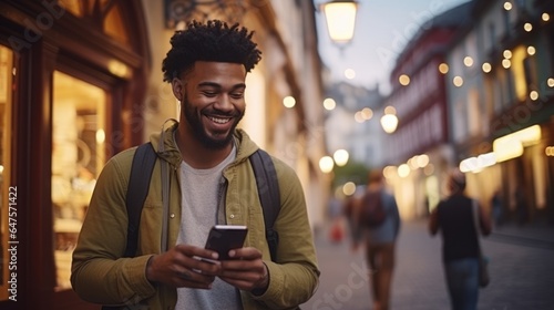 African American hipster man with modern equipment walking in historic center, exploring city during holiday, smiling black man