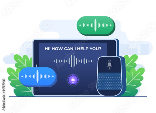 Smart voice assistant flat illustration vector template, Female character control home IOT system through wireless commands on speakers and microphone, Virtual assistant, Voice control on tab screen