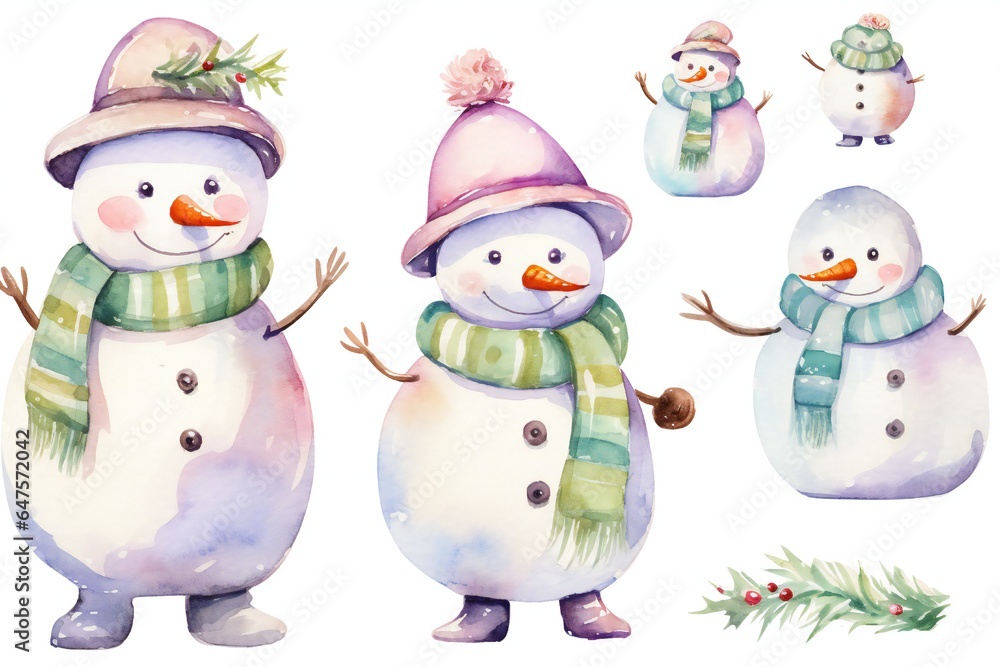 Pastel watercolor Christmas cute happy snowman clip art Generative AI