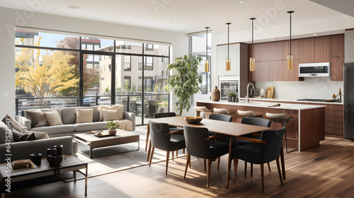 Wallpaper Mural Step inside a modern townhouse with an open-concept design. This photograph reveals a spacious living area seamlessly connected to the kitchen and dining spaces, creating an inviting environment. Torontodigital.ca