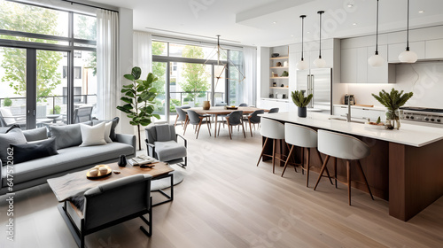 Step inside a modern townhouse with an open-concept design. This photograph reveals a spacious living area seamlessly connected to the kitchen and dining spaces, creating an inviting environment.