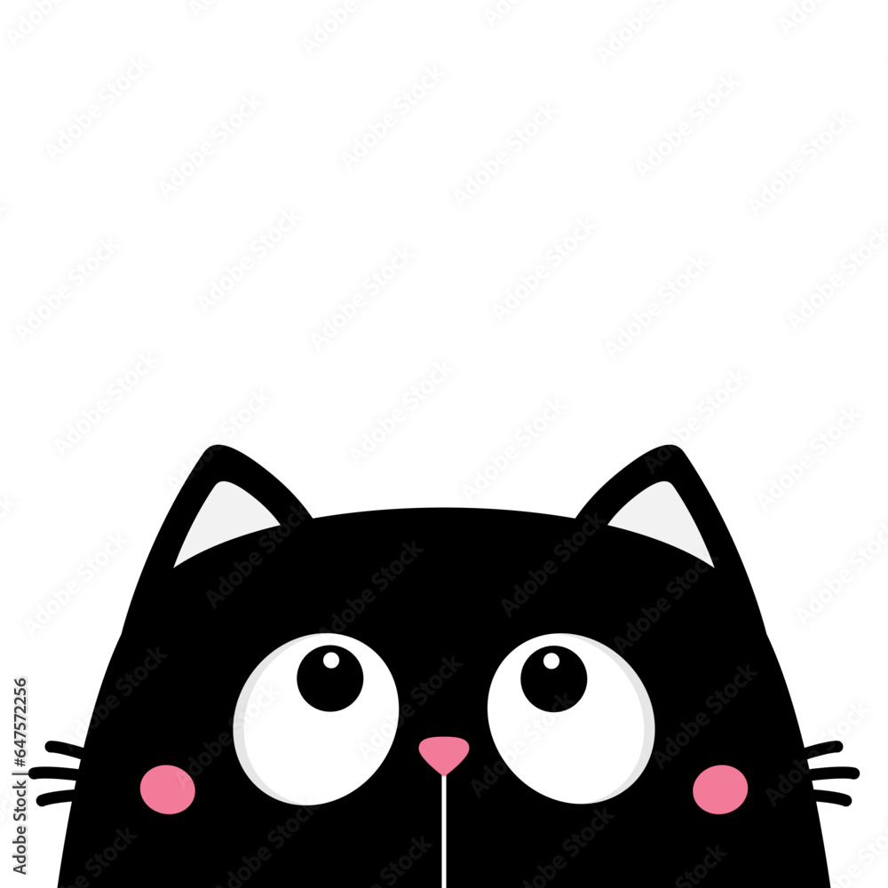 Black cat head face silhouette looking up. Big eyes. Cute cartoon character. Kawaii kitten animal. Baby card. Pet collection. Flat design. Sticker print. White background. Black cat head face silhouette looking up. Big eyes. Cute cartoon character. Kawaii kitten animal. Baby card. Pet collection. Flat design. Sticker print. White background.