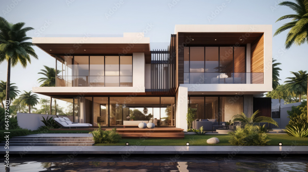 Fototapeta premium Architectural Brilliance: The Modern Abode with Vast Glass Windows