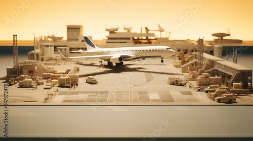 Airport and runway in sepia style with car and building in paper art and craft design concept. Created using generative AI.