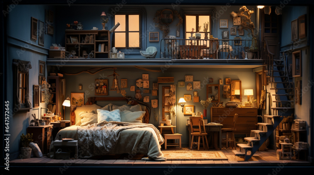 Warm bedroom background in pastel and sepia tone and furniture in paper art and craft design concept. Created using generative AI. Warm bedroom background in pastel and sepia tone and furniture in paper art and craft design concept. Created using generative AI.