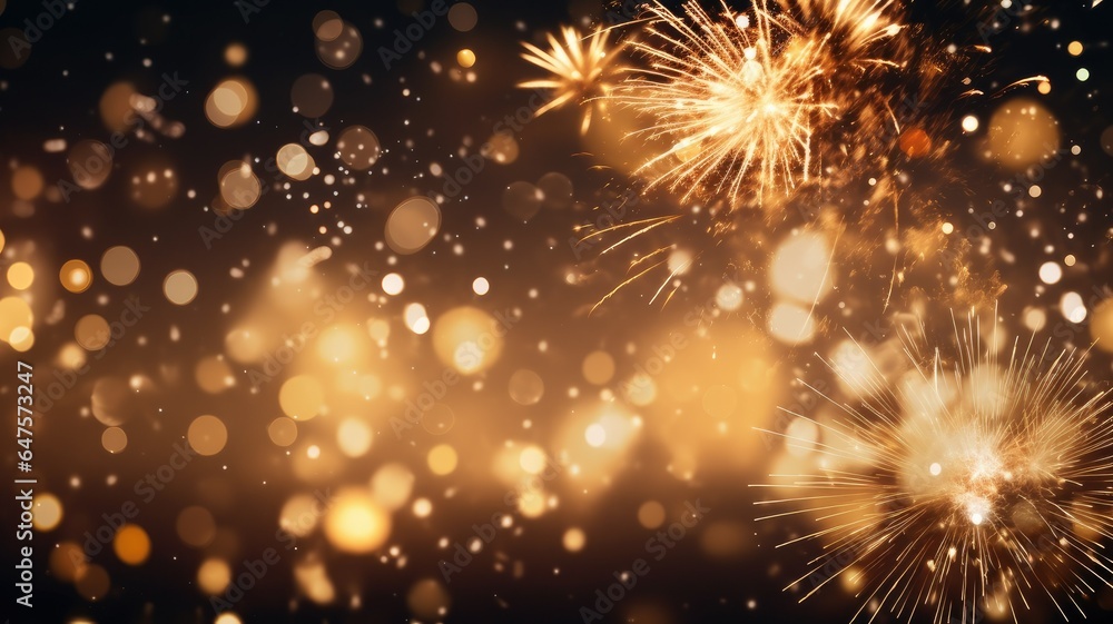 gold and silver fireworks illuminating the night sky, surrounded by bokeh lights, and leave ample copy space for festive greetings. gold and silver fireworks illuminating the night sky, surrounded by bokeh lights, and leave ample copy space for festive greetings.
