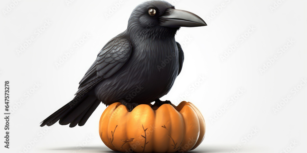 Fototapeta premium Cartoon of a black crow, on a halloween pumpkin. Generative AI.