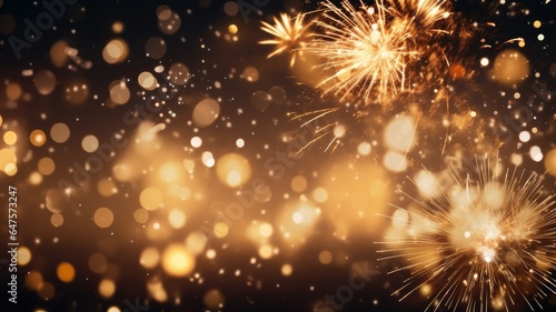 gold and silver fireworks illuminating the night sky  surrounded by bokeh lights  and leave ample copy space for festive greetings.