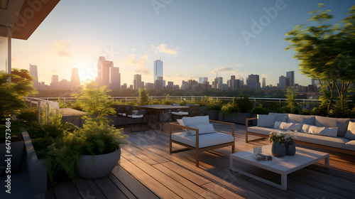 Experience the allure of a rooftop oasis in the heart of the city. The photography captures a modern townhouse rooftop deck with comfortable seating, lush greenery, and panoramic views.