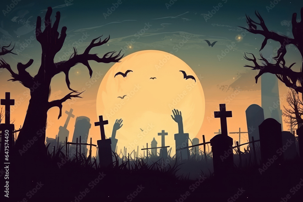 Cartoon of a bunch of zombie hands coming out of graves on a full moon. Generative AI.