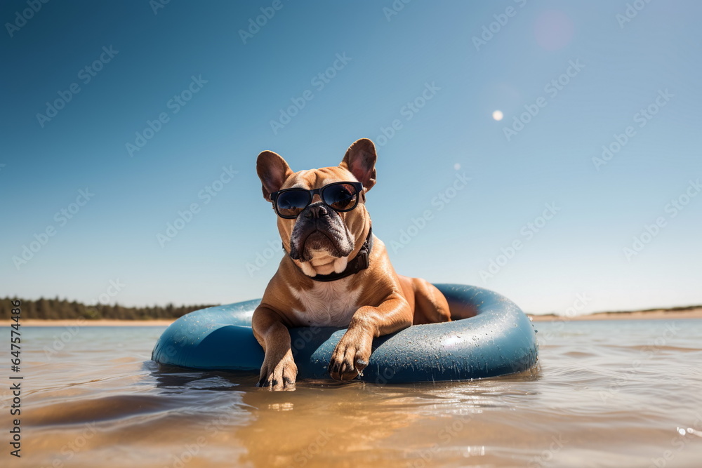 A french bulldog dog in sunglasses swims in an inflatable circle on the water. Summer concept. 