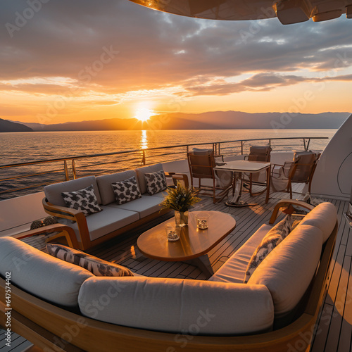 on board, a luxury mega yacht on the ocean off the coast of Costa Rica right at sunset, with a view of the Costa Rican, ocean and coastline, elegant furnishings © نيلو ڤر