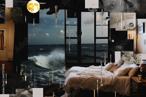 A vision board collage, inspired by melancholy, rain, ocean, night, wet earth, black pepper, cold water, in the style of social media collage photo