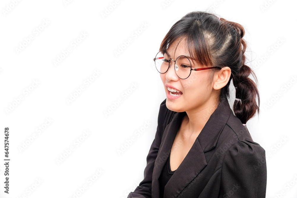 Positive thinking beautiful asian woman smiling feel happy on white background Positive thinking beautiful asian woman smiling feel happy on white background