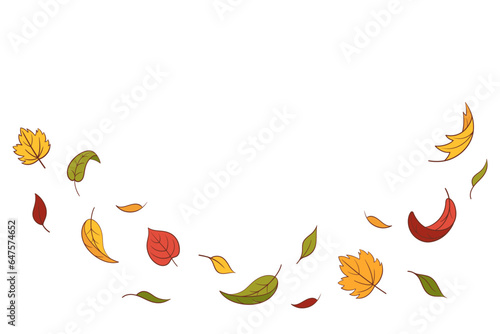 Leaves fall set in cartoon style, vector illustration. Wave cold air during windy weather. Maple leaf outline for print and design. Isolated color elements on white background. Autumn symbol nature