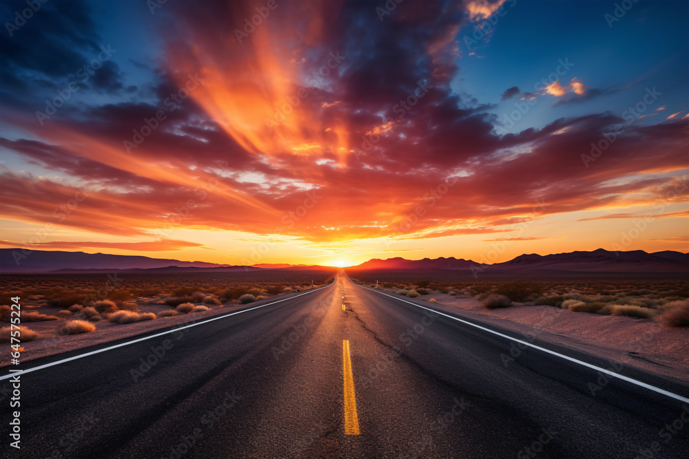 A beautiful photographic image of an open road going down to a vanishing point with a golden sunset