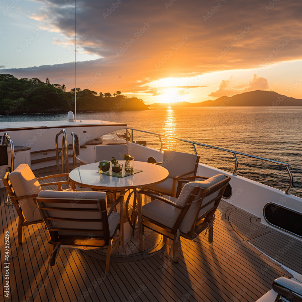 on board, a luxury mega yacht on the ocean off the coast of Costa Rica right at sunset, with a view of the Costa Rican, ocean and coastline, elegant furnishings