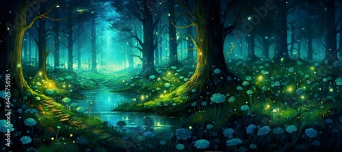 A mystical forest with bioluminescent flora