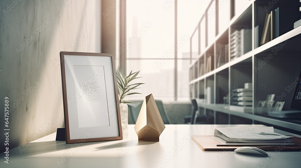 a blank award template mockup with an empty frame placed in a modern office setting characterized by light colors and minimalist design. Convey the idea of recognition and achievement. a blank award template mockup with an empty frame placed in a modern office setting characterized by light colors and minimalist design. Convey the idea of recognition and achievement.
