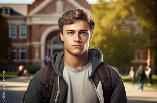 American male college student leaning on shelf in library and looking at camera. Generated by AI