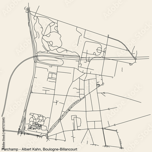 Detailed hand-drawn navigational urban street roads map of the PARCHAMP – ALBERT KAHN NEIGHBOURHOOD of the French city of BOULOGNE-BILLANCOURT, France with vivid road lines and name tag on solid backg