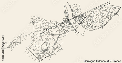 Detailed hand-drawn navigational urban street roads map of the BOULOGNE-BILLANCOURT-2 CANTON of the French city of BOULOGNE-BILLANCOURT, France with vivid road lines and name tag on solid background
