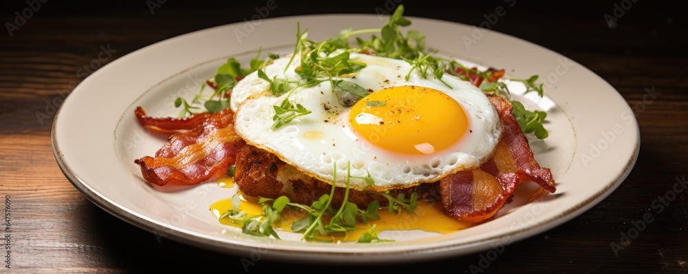 Fresh juicy baked bacon with egg. Generative AI. Fresh juicy baked bacon with egg. Generative AI.