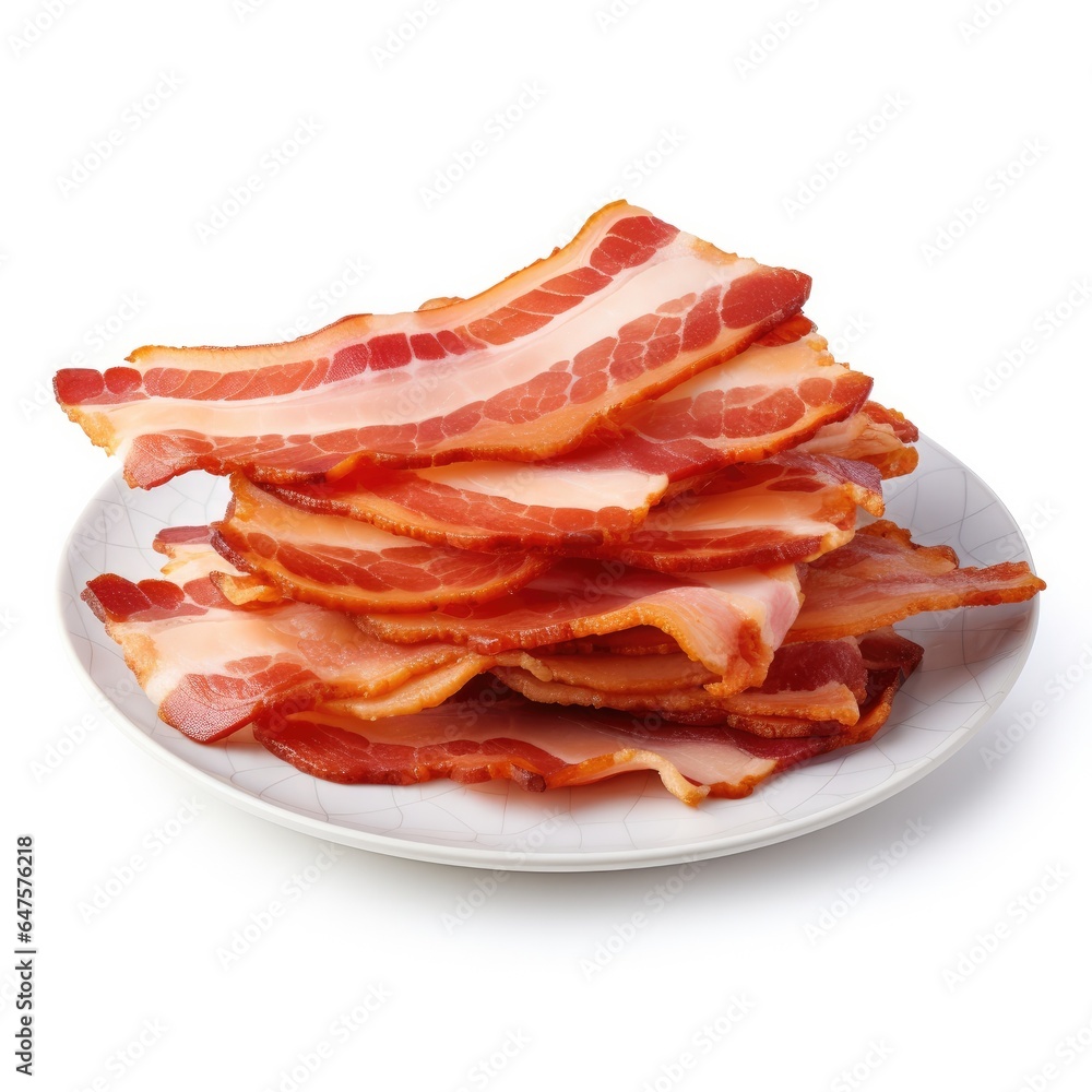 Juicy crispy slices of bacon on a white background. Generative AI.