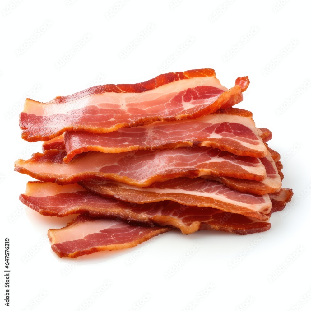 Juicy crispy slices of bacon on a white background. Generative AI. Juicy crispy slices of bacon on a white background. Generative AI.