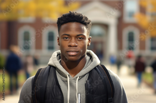 African american male college student leaning on shelf in library and looking at camera. Generated by AI