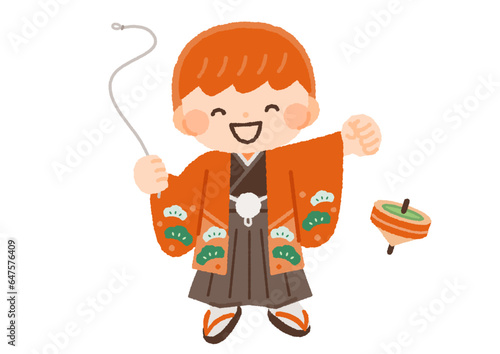 着物を着てこま遊びを楽しむ男の子のイラスト素材
