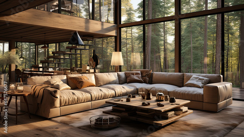 Minimalist Living Room with Beige Sofa in Forest House © Fatih