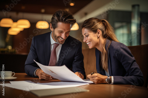 A early middle ages man and woman in formal business suits is reviewing documents in meeting room, a couple of business people is checking successful contract with contended smile