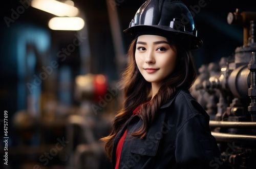 Asian female engineer. Concept of men's work for women. Made with AI gereration