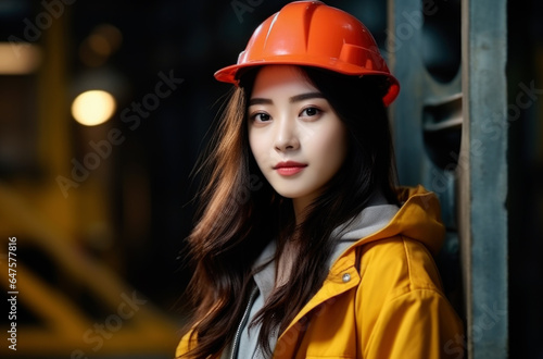 Asian female engineer. Concept of men's work for women. Made with AI gereration