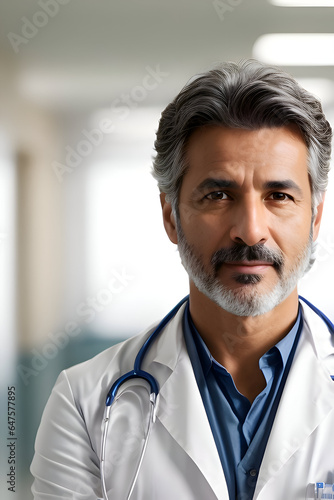 Vertical shot of a middle-aged gray hair male doctor posing for the camera in a white coat with stethoscope in a hospital hallway.