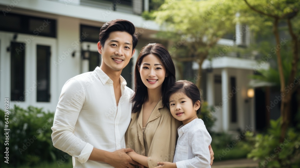 Asian family in front of house, happy family home concept. Asian family in front of house, happy family home concept.
