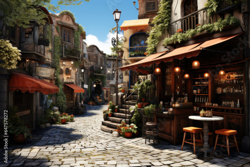 Illustration of cozy and cute street with small cafe and little stores in one old town