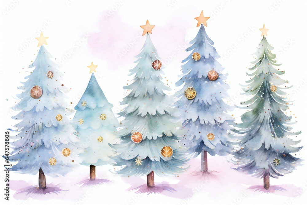Pastel watercolor Christmas trees with gift boxes clip art Generative AI